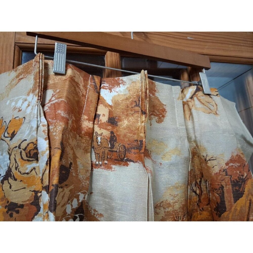 Two Vintage Autumn Landscape Curtain Panels With Cottage & Horse-Drawn Carriage